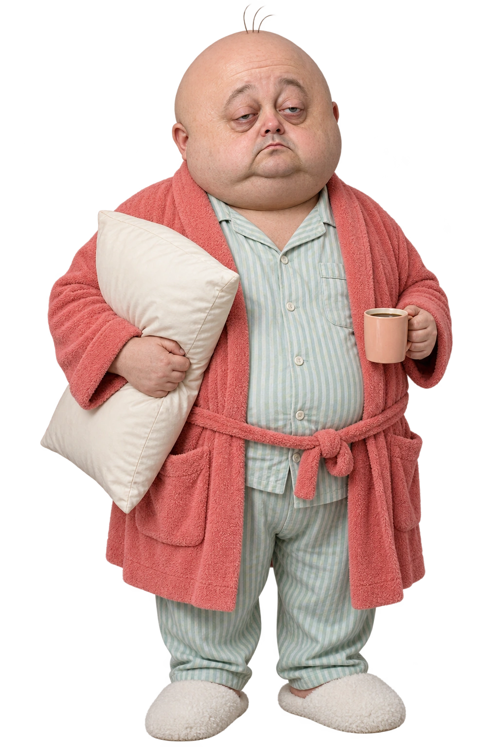 Ned Nap, a sleepy bald man in a coral bathrobe and mint pajamas, holding a pillow and a mug.